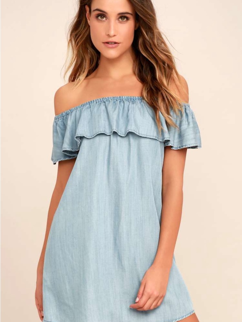 Lulu's Light Blue Chambray Off-the-Shoulder Mini Dress